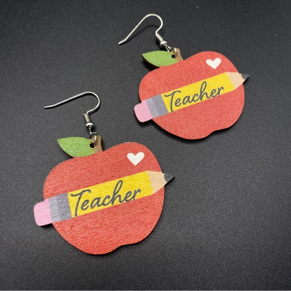 Teacher Red Apple Yellow Pencil Wood Earrings
